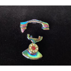 Iridescent Blue 2 Piece Rotary Telephone Brooch Pin Rhinestones Vintage RARE